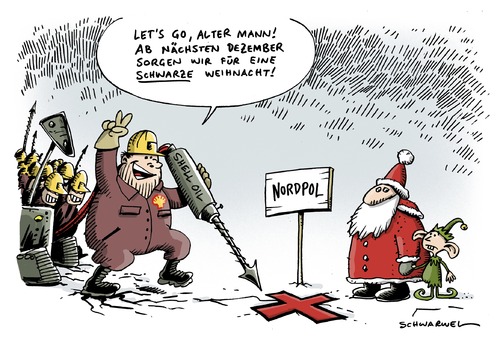 Cartoon: Shell macht Druck für Ölbohrun (medium) by Schwarwel tagged shell,öl,bohrung,konzern,weihnacht,weihnachtsmann,nordpol,umwelt,natur,zerstörung,tod,katastrophe,verschmutzung,oil,geld,karikatur,schwarwel,shell,öl,bohrung,konzern,weihnachtsmann,nordpol,umwelt,natur,zerstörung,tod,katastrophe,verschmutzung,geld