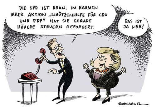 Cartoon: SPD gibt Schützenhilfe (medium) by Schwarwel tagged spd,cdu,fdp,steuer,schützenhilfe,angela,merkel,karikatur,schwarwel