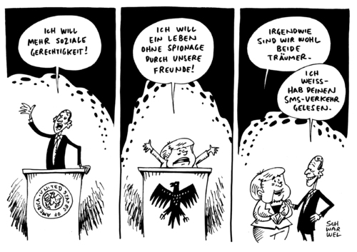 Cartoon: Staatsreden Obama Merkel (medium) by Schwarwel tagged staatsrede,obama,merkel,soziale,gerechtigkeit,nsa,spionage,us,usa,sms,überwachung,karikatur,schwarwel,staatsrede,obama,merkel,soziale,gerechtigkeit,nsa,spionage,us,usa,sms,überwachung,karikatur,schwarwel