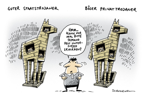 Cartoon: Staatstrojaner (medium) by Schwarwel tagged trojaner,staatstrojaner,statt,diskussion,streit,fdp,csu,kriminalität,affäre,computer,daten,software,karikatur,schwarwel,trojaner,staatstrojaner,statt,diskussion,streit,fdp,csu,kriminalität,affäre,computer,daten,software