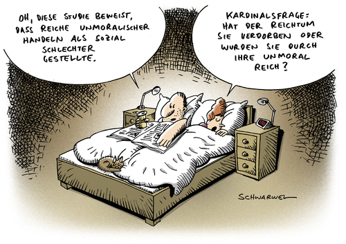 Cartoon: Studie Reichtum Unmoral (medium) by Schwarwel tagged schwarwel,karikatur,ethik,klasse,reich,rang,schicht,proband,forscher,pdychologe,psychologie,gier,sozialwissenschaft,sozial,untreue,unanständig,anstand,moral,betrug,lüge,macht,finanzen,wirtschaft,geld,unmoral,reichtum,studie,studie,reichtum,unmoral,geld,wirtschaft,finanzen,lüge,betrug,moral,anstand,unanständig,sozial,sozialwissenschaft,arm,reich,schere