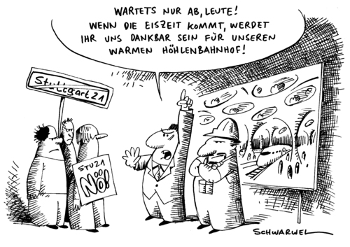 Cartoon: Stuttgart 21 - Klare Vorteile (medium) by Schwarwel tagged stuttgart,21,vorteil,s21,kampf,gegner,milliarde,projekt,polizei,schutz,volksbegehren,landtag,deutschland,streit,regierung,politik,widerstand,bahnhof,umbau,protest,eskalation,räumung,wasserwerfer,gewalt,parkschützer,demonstration,unterschriftensammlung,kar,stuttgart 21,mappus,rechtsstaat,demonstration,protest,volksentscheid,demokratie,grube,bahnprojekt,baum,polizeit,stuttgart,21,gewalt,bahnchef,widerstand,widerstandsrecht