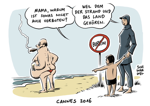 Cartoon: Terrorangst in Frankreich (medium) by Schwarwel tagged terror,terrorangst,frankreich,cannes,frau,frauen,burkini,strand,baden,sonne,urlaub,gewalt,körperbedeckung,körper,verbot,muslimische,islam,islamistisch,religion,strandbekleidung,ganzkörperschleier,religiöse,symbole,karikatur,schwarwel,terror,terrorangst,frankreich,cannes,frau,frauen,burkini,strand,baden,sonne,urlaub,gewalt,körperbedeckung,körper,verbot,muslimische,islam,islamistisch,religion,strandbekleidung,ganzkörperschleier,religiöse,symbole,karikatur,schwarwel