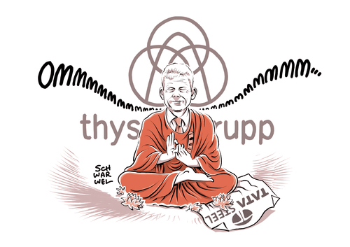 Cartoon: Thyssenkrupp Chef schweigt (medium) by Schwarwel tagged man,muss,auch,mal,unsicherheit,aushalten,thyssenkrupp,thyssen,schweigen,buddha,buddhismus,fusion,fusionsgespräche,tata,steel,stahl,stahlkonzern,buddhistischer,gleichmut,indien,finanzvorstand,guido,kerkhoff,wirtschaft,finanzen,karikatur,schwarwel,man,muss,auch,mal,unsicherheit,aushalten,thyssenkrupp,thyssen,schweigen,buddha,buddhismus,fusion,fusionsgespräche,tata,steel,stahl,stahlkonzern,buddhistischer,gleichmut,indien,finanzvorstand,guido,kerkhoff,wirtschaft,finanzen,karikatur,schwarwel