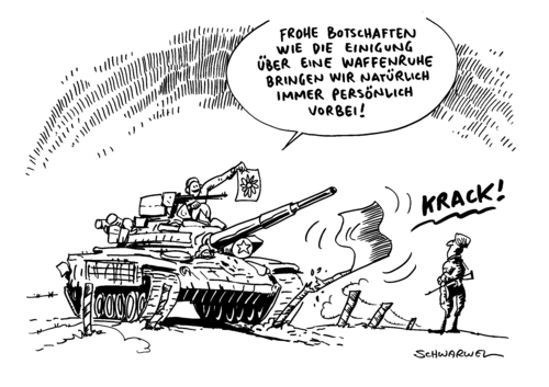 Cartoon: Ukraine Gipfel Waffenruhe (medium) by Schwarwel tagged ukraine,gipfel,waffenruhe,vereinbarung,kiew,vericht,russische,panzer,grenze,russland,putin,karikatur,schwarwel,ukraine,gipfel,waffenruhe,vereinbarung,kiew,vericht,russische,panzer,grenze,russland,putin,karikatur,schwarwel