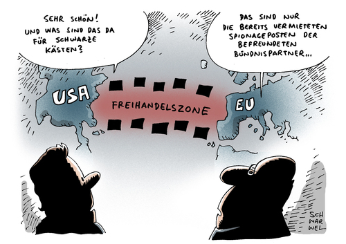 Cartoon: USA EU Freihandelszone (medium) by Schwarwel tagged usa,eu,freihandelszone,spionageposten,bündnispartner,karikatur,schwarwel,usa,eu,freihandelszone,spionageposten,bündnispartner,karikatur,schwarwel