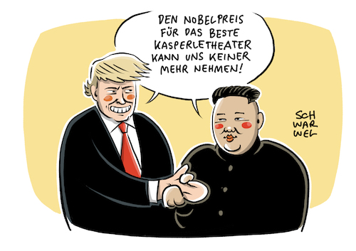 Cartoon: USA und Nordkorea Trump und Kim (medium) by Schwarwel tagged trump,kim,jong,un,gipfel,gipfeltreffen,us,usa,america,amerika,atombombo,atomkrieg,atomwaffen,krieg,terror,zerstrung,waffen,gewalt,president,präsident,staatsoberhaupt,staatschef,nordkorea,korea,cartoon,karikatur,schwarwel,und,trump,kim,jong,un,gipfel,gipfeltreffen,us,usa,america,amerika,atombombo,atomkrieg,atomwaffen,krieg,terror,zerstrung,waffen,gewalt,president,präsident,staatsoberhaupt,staatschef,nordkorea,korea,cartoon,karikatur,schwarwel