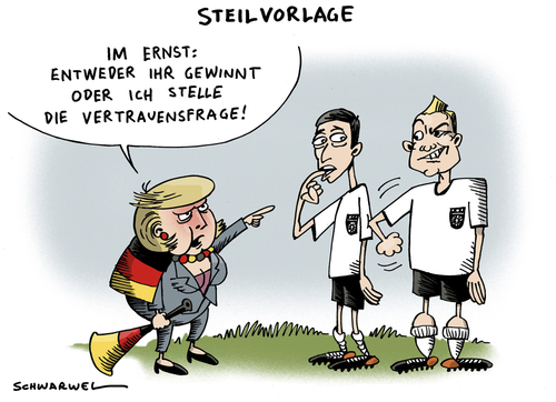 Cartoon: Vertrauensfrage (medium) by Schwarwel tagged angela,merkel,fußball,wm,vertrauensfrage,vertrauen,fußballer,weltmeisterschaft,joachim,löw,spieler,bastian,schweinsteiger,vuvuzuela,deutschland,team,karikatur,schwarwel