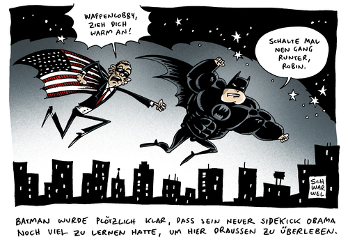 Cartoon: Waffenlobby (medium) by Schwarwel tagged waffe,waffenlobby,präsident,karikatur,schwarwel,obama,amoklauf,batman,premiere,kauf,gesetz,handel,wahl,us,usa