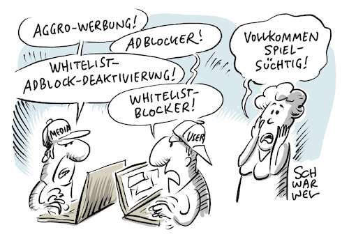 Cartoon: Werbeblocker sind zulässig (medium) by Schwarwel tagged werbeblocker,werbung,werbeanzeige,anzeige,onlinewerbung,adblocker,online,internet,news,social,media,marketing,promotion,artikel,journalismus,axel,springer,klage,bgh,urteil,bundesgerichtshof,adblock,plus,unerwünschte,werbesperre,medien,medienunternehmen,www,world,wide,web,whitelist,blacklist,blacklisting,whitelisting,presse,pressefreiheit,cartoon,karikatur,schwarwel,werbeblocker,werbung,werbeanzeige,anzeige,onlinewerbung,adblocker,online,internet,news,social,media,marketing,promotion,artikel,journalismus,axel,springer,klage,bgh,urteil,bundesgerichtshof,adblock,plus,unerwünschte,werbesperre,medien,medienunternehmen,www,world,wide,web,whitelist,blacklist,blacklisting,whitelisting,presse,pressefreiheit,cartoon,karikatur,schwarwel