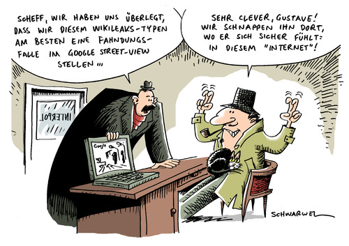 Cartoon: Wikileaks-Gründer von Interpol (medium) by Schwarwel tagged wikileaks,gründer,chef,inhaber,interpol,fahndung,karikatur,schwarwel,assange,polizei,interpol,polizei,usa,wikileaks