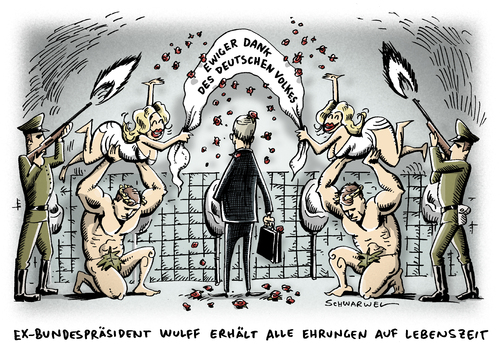 Cartoon: Wulff Ehrenbekundungen (medium) by Schwarwel tagged ex,bundespräsident,präsident,wulff,ehrenbekundung,ehre,amt,politik,politiker,ehrensold,sold,zapfenstreich,streit,vorteilsannahme,rücktritt,vergehen,verbrechen,staatsanwaltschaft,deutschland,ehrung,karikatur,schwarwel,ex,bundespräsident,präsident,wulff,ehrenbekundung,ehrensold,sold,zapfenstreich,streit,vorteilsannahme,rücktritt