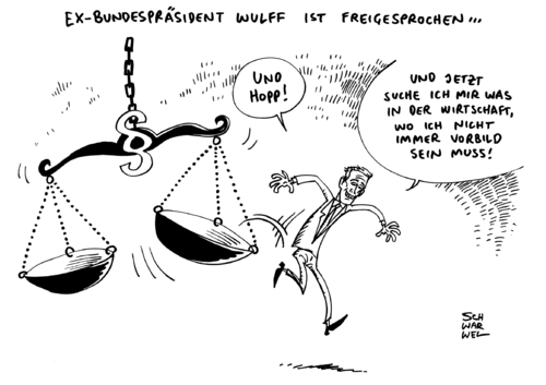 Cartoon: Wulff Freispruch (medium) by Schwarwel tagged wulff,freispruch,ex,bundespräsident,gericht,recht,gesetz,justitia,wirtschaft,vorbild,karikatur,schwarwel,wulff,freispruch,ex,bundespräsident,gericht,recht,gesetz,justitia,wirtschaft,vorbild,karikatur,schwarwel