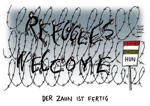Cartoon: Zaun gegen Flüchtlinge Ungarn (medium) by Schwarwel tagged zaun,gegen,flüchtlinge,asyl,asylbewerber,flüchtlingspolitik,rechts,rechte,regierung,ungarn,grenze,bewachung,stacheldraht,polizei,schwarwel,karikatur,zaun,gegen,flüchtlinge,asyl,asylbewerber,flüchtlingspolitik,rechts,rechte,regierung,ungarn,grenze,bewachung,stacheldraht,polizei,schwarwel,karikatur