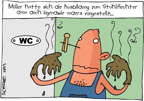 Cartoon: Stuhlflechter (medium) by Josef Schewe tagged beruf,ausbildung,wc,toilette,hände,nase,klammer,fliegen,mann,,beruf,arbeit,arbeiter,angestellter,firma,karriere,job,ausbildung,bildung,weiterentwicklung,fortbildung,toilette,wc,bad,badreiniger,klo,stuhlflechter,flechter,fäkalien,stuhlgang,scheiße,bedingungen,voraussetzungen