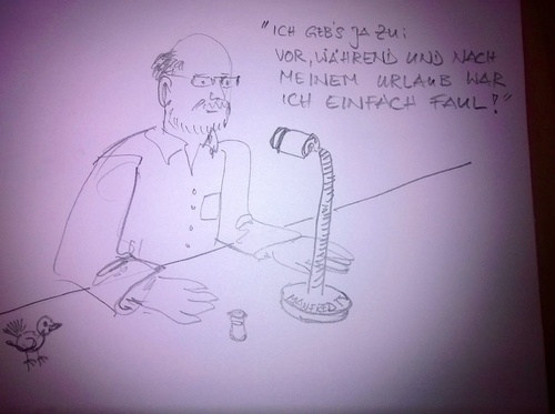 Cartoon: Zurück (medium) by manfredw tagged gesucht,faul,urlaub,rückmeldung,cartoon,zurück,manfredw,manfredtv