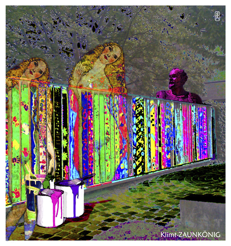 Cartoon: Klimt - Zaunkönig (medium) by edda von sinnen tagged jugendstil,homage,birthday,walter,andi,zenf,zensenf,zenundsenf,geburtstag,150,klimt,gustav,illustration,edda,von,sinnen