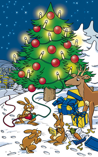 Cartoon: Fröhliche Weihnachten! (medium) by Comiczeichner tagged weihnachten,christmas,xmas,weihnachtsbaum,christbaum,geschenke,lichterkette,schnee,hase,reh,strom,energie,licht