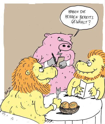 Cartoon: welcome to the jungle (medium) by bob tagged löwe,schwein,kellner,ober,gast,restaurant,lokal,essen,jungel,bob,hack,cartoon