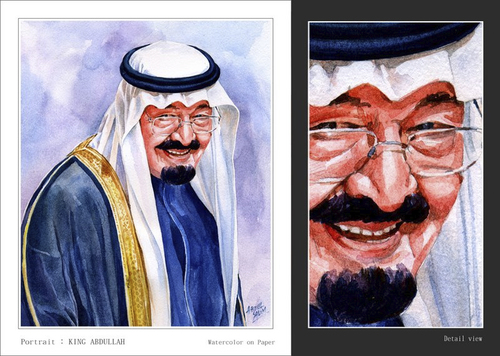 Cartoon: King Abdulla - Portrait (medium) by Abdul Salim tagged portrait,stages,watercolor,king,abdulla,art,saudi,arabia