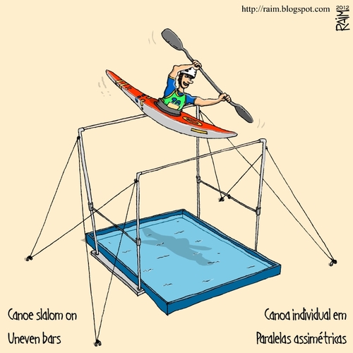 Cartoon: canoe slalom on uneven bars (medium) by raim tagged canoe,slalom,olympics,games,uneven,bars