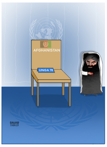 Cartoon: Afghanistan in UNGA 78 (medium) by Shahid Atiq tagged afghanistan