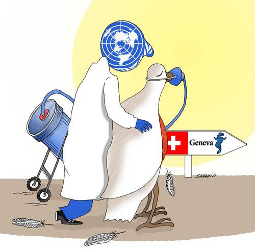Cartoon: Geneva Peace talks (medium) by Shahid Atiq tagged afghanistan,kabul,syria,iran,switzerland,schweiz,usa