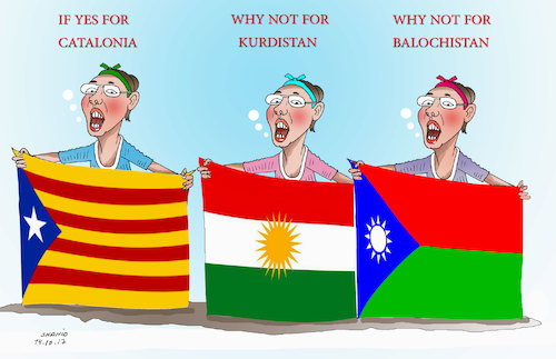 Cartoon: If Yes for Catalonia why not for (medium) by Shahid Atiq tagged afghanistan,balkh,helmand,kabul,london,nangarhar,and,ghor,attack,for