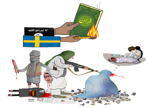 Cartoon: Islamic fanatics and Quran burni (medium) by Shahid Atiq tagged sweden