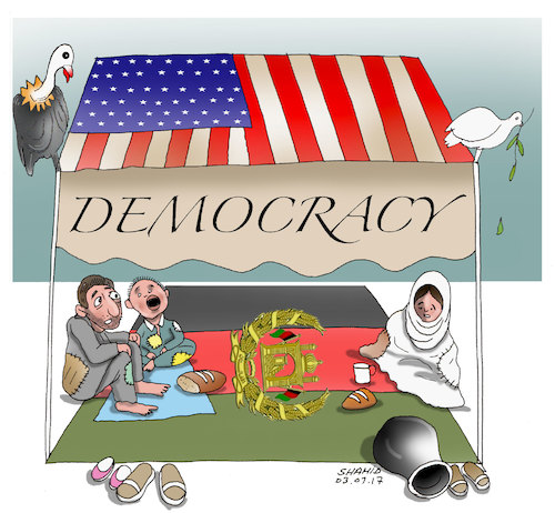 Cartoon: Poverty under the shadow of demo (medium) by Shahid Atiq tagged trump,afghanistan,safi,shahid,bahar,ieba,rayian,castro,cuba,aleppo