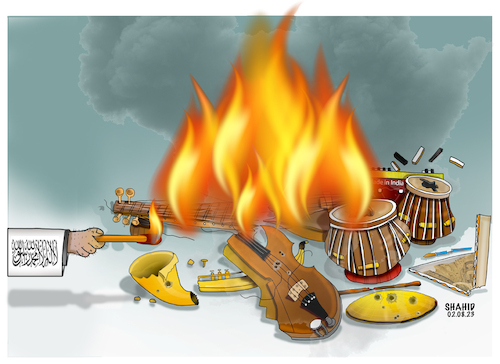 Cartoon: Taliban burn music instruments! (medium) by Shahid Atiq tagged afghanistan