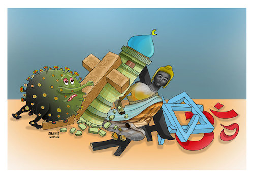 Cartoon: The collapse of religion ! (medium) by Shahid Atiq tagged coronavirus