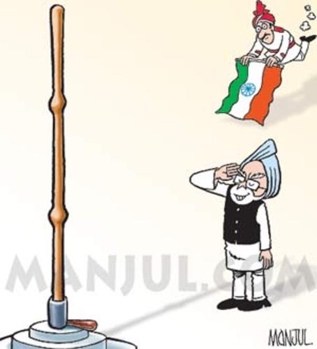 Cartoon: Independence Day Flag Hoisting (medium) by manjul tagged janlokpal,lokpal,hazare,anna,tricolour,corruption,singh,manmohan