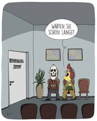 Cartoon: Wartezimmer (medium) by SCHÖN BLÖD tagged tod,skelett,arzt,wartezimmer,warten,tod,skelett,arzt,wartezimmer,warten