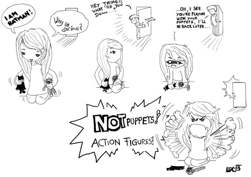 Cartoon: NOT PUPPETS!! (medium) by Spacekadettin tagged cute,funny,fun,playing,puppets,not,figures,action,joker,batman