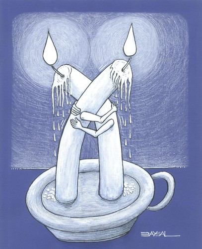 Cartoon: Fate (medium) by ercan baysal tagged tear,cry,illustration,cartoon,humour,satire,grotesk,artwork,work,art,handmade,fantasy,daydream,mixed,vision,image,picture,fineart,fine,job,good,selfie,cuddle,follow,turkey,lover,time,candle,fate