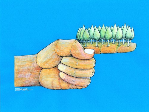 Cartoon: Green Target (medium) by ercan baysal tagged green,target,hand,finger,artwork,tree,environment,ercanbaysal,cartoon,illustration,forest,handmade,create,humour,mixed,pencil,symbol,picture,master,dream,fantasy,surreal,paint,coloring,vision,daydream,idea,ecology,fineart,coloured