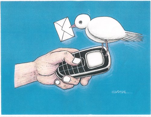 Cartoon: The Letter (medium) by ercan baysal tagged rostrate,technology,communication,internet,blue,hand,bird,artwork,art,work,paint,daydream,fantasy,image,picture,vision,facebook,twitter,fineart,fine,job,good,word,tag,handmade,time,pigeon,telephone,baysal,letter