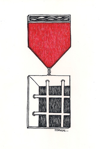 Cartoon: Medal... (medium) by ercan baysal tagged soldier,prison,line,drawing,illustration,logo,cartoon,handmade,fantasy,study,form,pencil,pen,mixed,vision,job,good,draw,art,work,image,picture,sketch,timely,turkey,medal