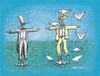 Cartoon: Politician (small) by ercan baysal tagged politician pigeon blue handmade art work artwork scarecrow satire humour coloured ercanbaysal insecurity colour sympathies fear peace