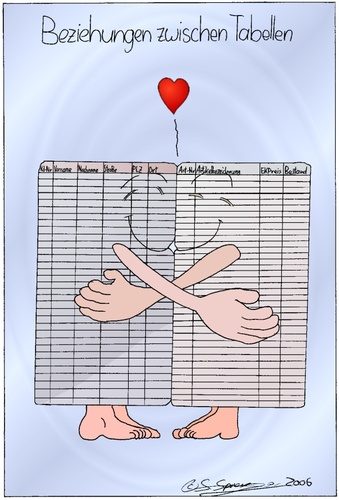 Cartoon: Beziehungen zwischen Tabellen (medium) by chaosartwork tagged computer,it,edv,software,access,sql,datenbank,tabelle,relational,system,database