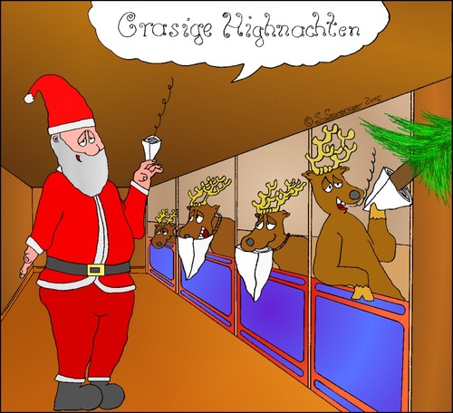Cartoon: Grasige Highnachten (medium) by chaosartwork tagged frohe,fröhliche,weihnachten,weihnachtsmann,rentiere,stall,tannenbaum,kiffen,joint,high,bekifft