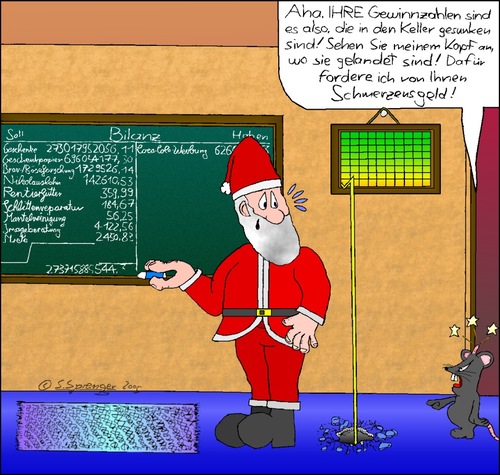 Cartoon: Weihnachtswirtschaftlichkeit (medium) by chaosartwork tagged weihnachten,weihnachtsmann,bilanz,soll,haben,gewinn,verlust,rechnung,konto,rechnungswesen,schmerzensgeld,verlauf,kurve,cola