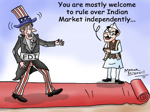 Cartoon: FDI (medium) by mangalbibhuti tagged fdi,mangalbibhuti,foreign,cartoon,indianmarket,india,politics