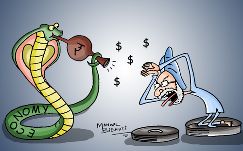 Cartoon: Indian economy (medium) by mangalbibhuti tagged manmohansing,mangalbibhuti,cartoon,india,snake,charmer,bean,indiancartoon,upa,congress,economy,finance