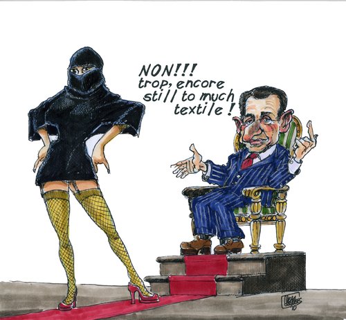 Cartoon: Sarko and burka (medium) by jean gouders cartoons tagged burka,france,sarko,jean,gouders,burka,fashion,mode,religoin,islam,frankreich,nicolas sarkozy,verboten,verbote,nicolas,sarkozy