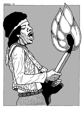 Cartoon: Jimi Hendrix (medium) by srba tagged guitar,burning,wight,of,isle,music,hendrix,jimi