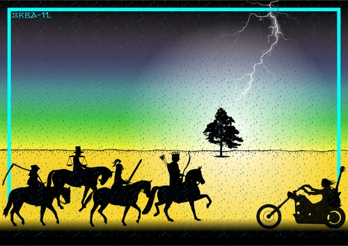 Cartoon: Riders on the Storm (medium) by srba tagged apocalypse,fourhorsemen,storm,thedoors