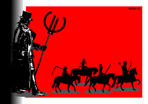 Cartoon: The Devil shepherd (medium) by srba tagged devil,shepherd,money,apocalypse,horsemen