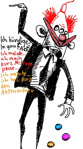 Cartoon: Gleich hammas... (medium) by Radikanu tagged büro,chef,alltag,unterlagen,akten,ordner,mitarbeiter,kollegen,krawatte,clown,jonglieren
